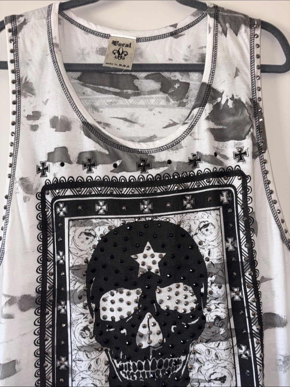 Vocal Studded Skull Graphic Tank Top White Gray Sz Large Grunge Punk Biker Chic - Picture 5 of 12